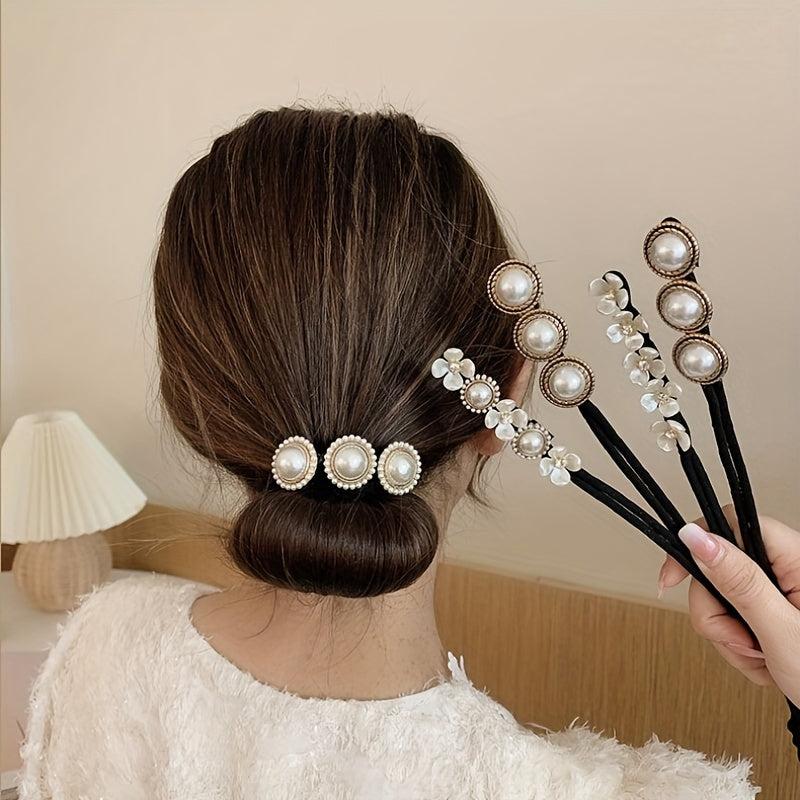 Faux Pearl Flower Hair Bun Maker Styling Tool For Women Girls