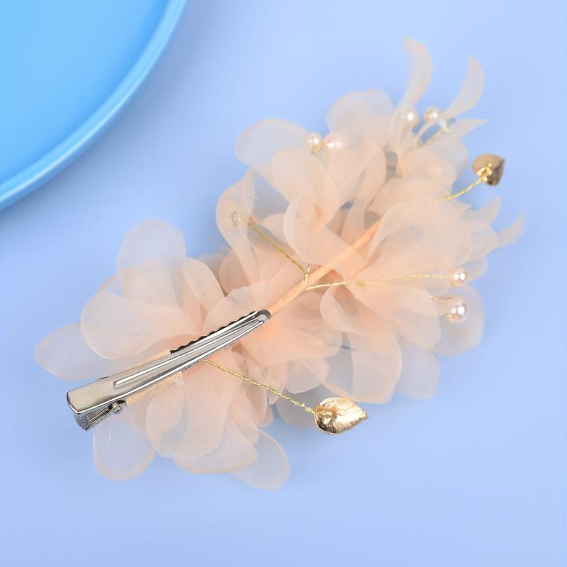 Pink Yarm Flower Hair Clip Duck Billed Clip Alloy Leaf Inlaid Rhinestone