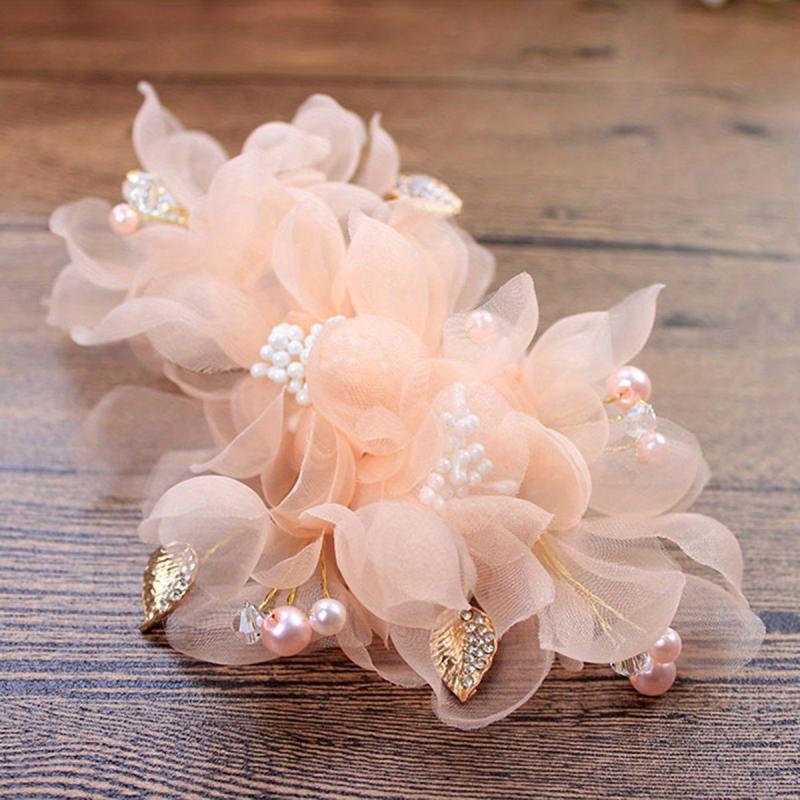 Pink Yarm Flower Hair Clip Duck Billed Clip Alloy Leaf Inlaid Rhinestone