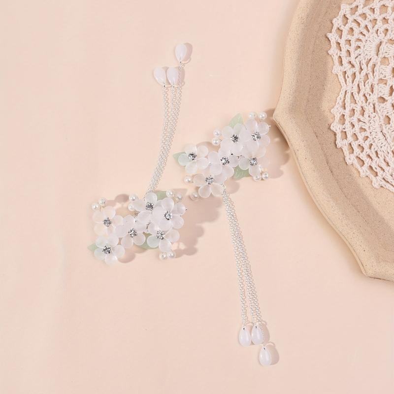 Crystal Flower Hair Clip Chain Tassel Rhinestone Faux Pearl Hair Clip