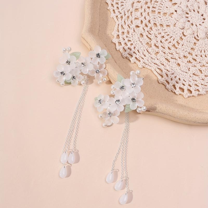 Crystal Flower Hair Clip Chain Tassel Rhinestone Faux Pearl Hair Clip