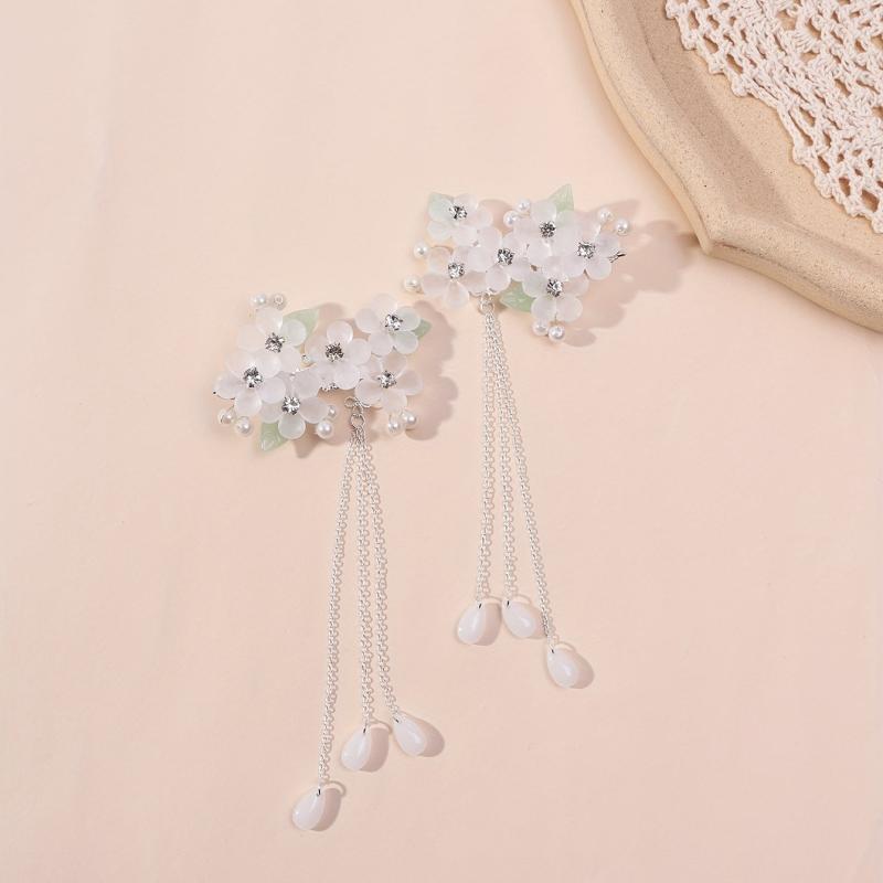 Crystal Flower Hair Clip Chain Tassel Rhinestone Faux Pearl Hair Clip