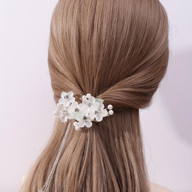 Crystal Flower Hair Clip Chain Tassel Rhinestone Faux Pearl Hair Clip