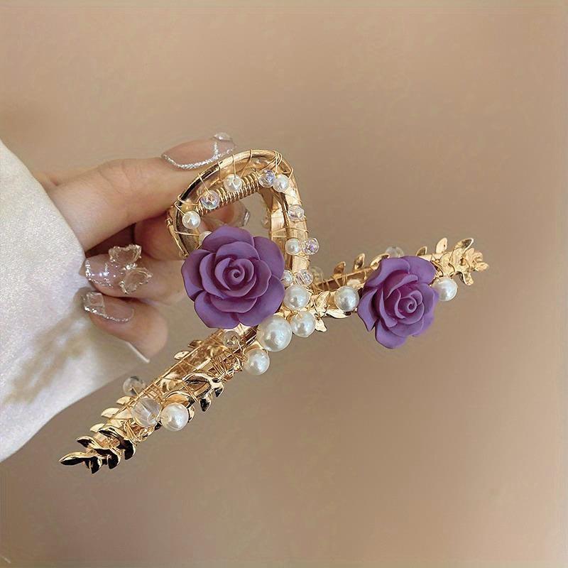 Large Rose Faux Pearl Hair Claw Back Head Shark Claw Flower Hair Accessories