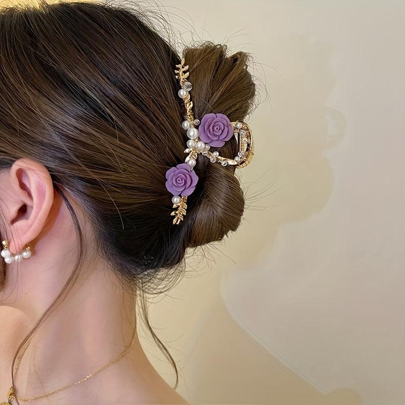 Large Rose Faux Pearl Hair Claw Back Head Shark Claw Flower Hair Accessories