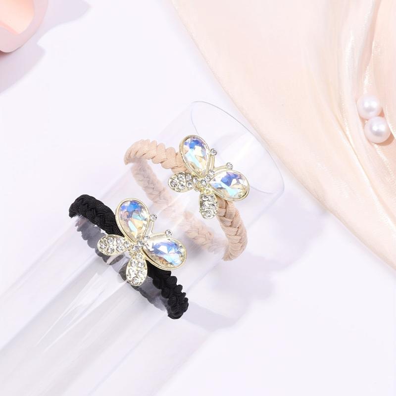 2pcs Crystal Butterfly Hair Tie Rhinestone Hair Rope Elastic Ponytail Holder
