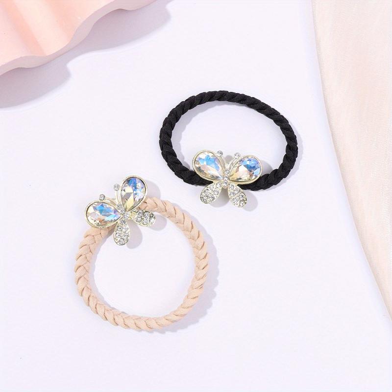 2pcs Crystal Butterfly Hair Tie Rhinestone Hair Rope Elastic Ponytail Holder