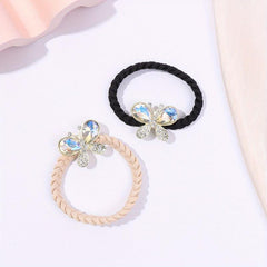 2pcs Crystal Butterfly Hair Tie Rhinestone Hair Rope Elastic Ponytail Holder