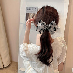 Floral Print Bow Hair Clip Rhinestone Decor Headwear Hair Accessory