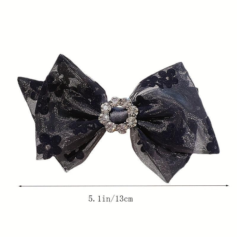 Floral Print Bow Hair Clip Rhinestone Decor Headwear Hair Accessory