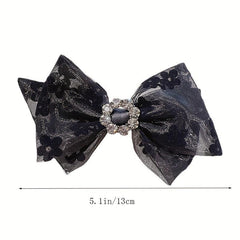 Floral Print Bow Hair Clip Rhinestone Decor Headwear Hair Accessory