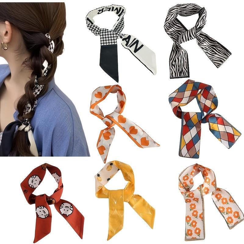 Colorful Printed Silk Scarf Headband Bow Ribbons Hair Ties