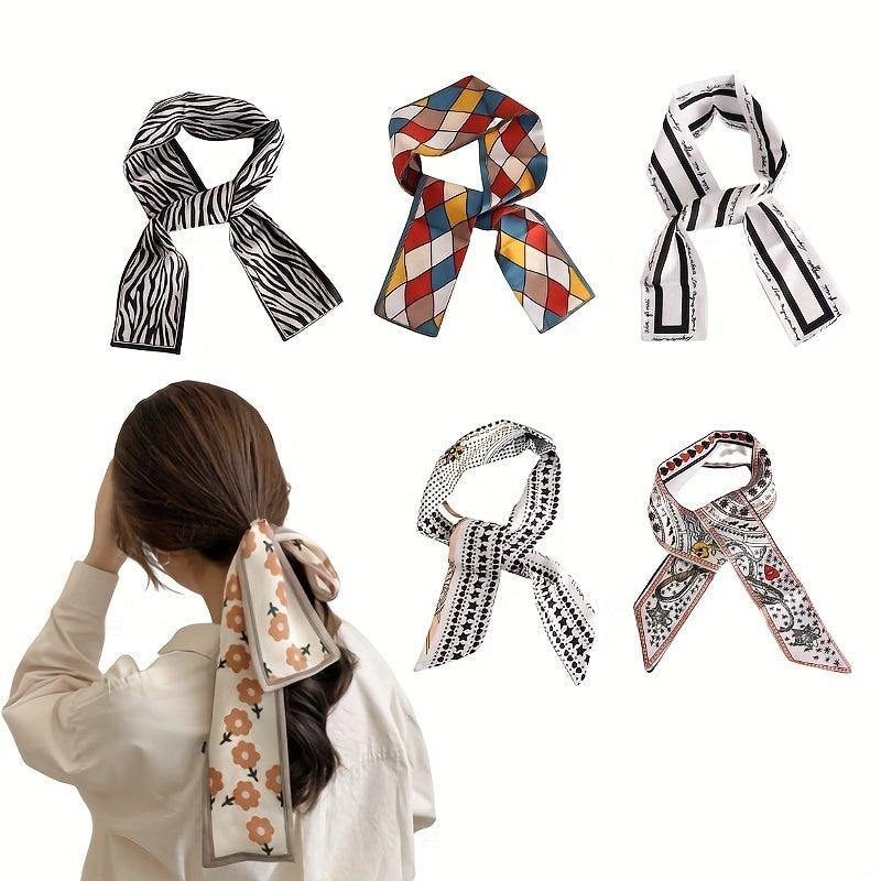 Colorful Printed Silk Scarf Headband Bow Ribbons Hair Ties