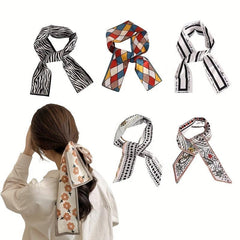 Colorful Printed Silk Scarf Headband Bow Ribbons Hair Ties