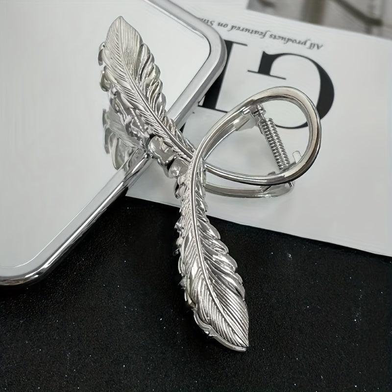 Metal Feather Hair Claw Clip Non Slip Strong Hold Silvery Hair Jaw Clip