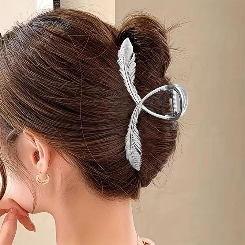 Metal Feather Hair Claw Clip Non Slip Strong Hold Silvery Hair Jaw Clip