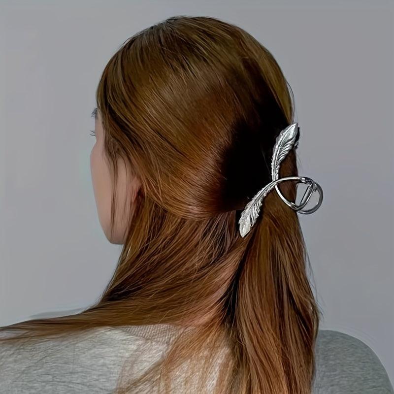 Metal Feather Hair Claw Clip Non Slip Strong Hold Silvery Hair Jaw Clip