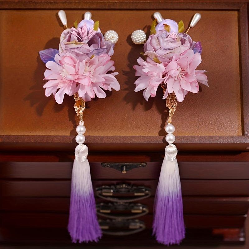 Chinese Flower Hair Clip with Tassel & Faux Pearl Retro Accessory