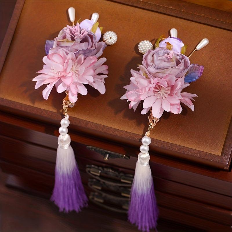 Chinese Flower Hair Clip with Tassel & Faux Pearl Retro Accessory
