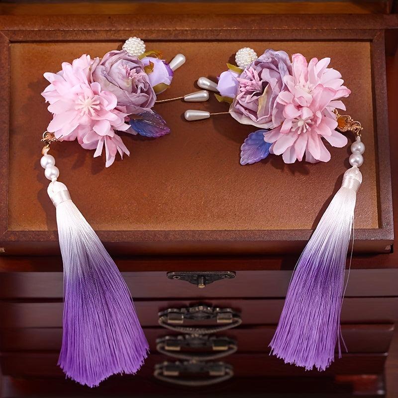Chinese Flower Hair Clip with Tassel & Faux Pearl Retro Accessory