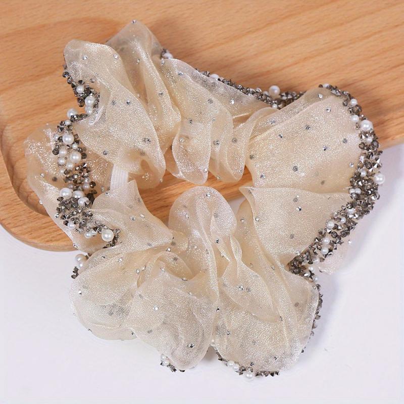 Pearl Crystal Organza Hair Tie Scrunchie Ponytail Holder Women Hair Accessories