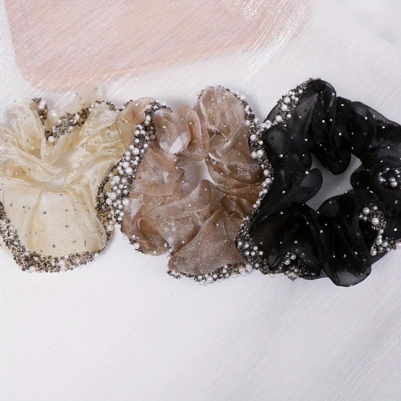 Pearl Crystal Organza Hair Tie Scrunchie Ponytail Holder Women Hair Accessories