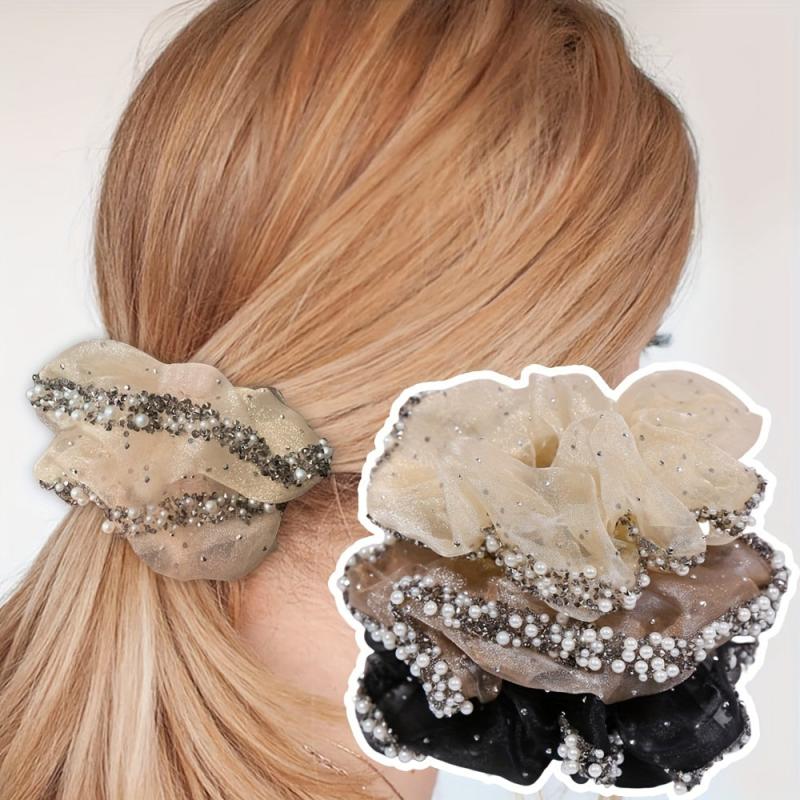 Pearl Crystal Organza Hair Tie Scrunchie Ponytail Holder Women Hair Accessories