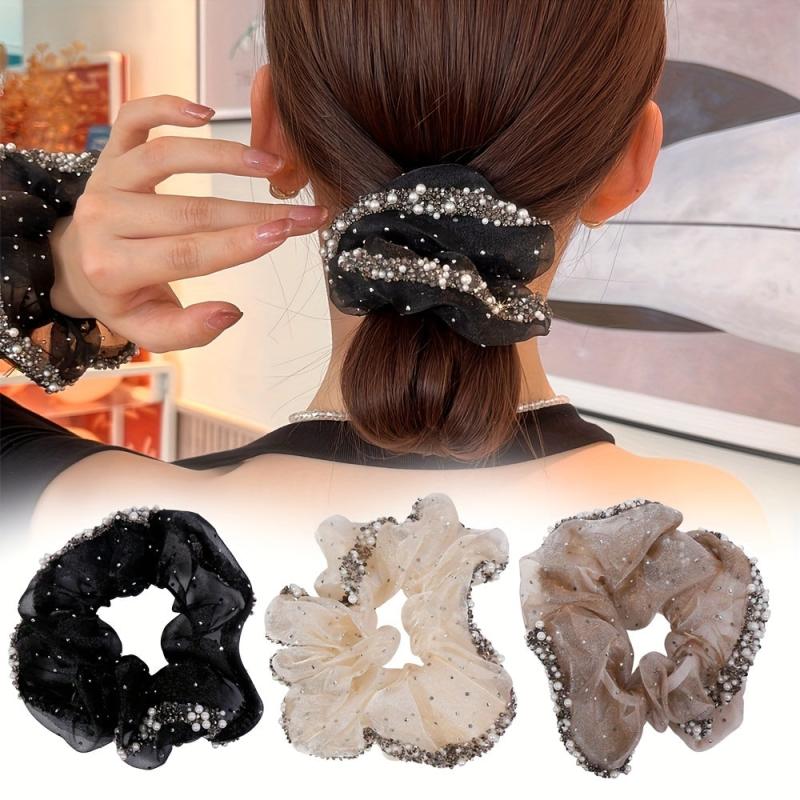 Pearl Crystal Organza Hair Tie Scrunchie Ponytail Holder Women Hair Accessories