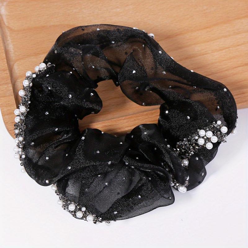 Pearl Crystal Organza Hair Tie Scrunchie Ponytail Holder Women Hair Accessories