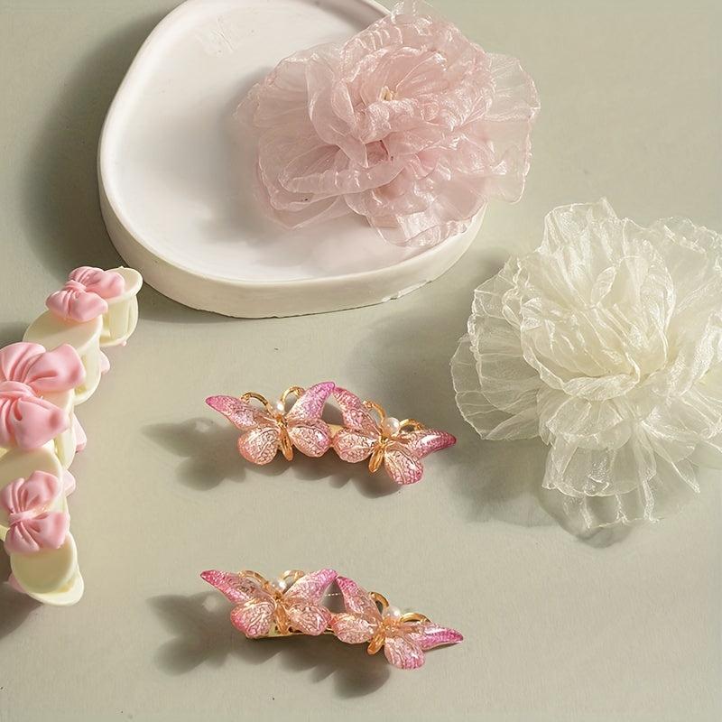 5pcs Sweet Hair Accessories Set Organza Flower Hair Clip Butterfly Shaped Duck