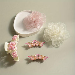5pcs Sweet Hair Accessories Set Organza Flower Hair Clip Butterfly Shaped Duck