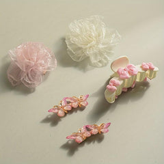 5pcs Sweet Hair Accessories Set Organza Flower Hair Clip Butterfly Shaped Duck