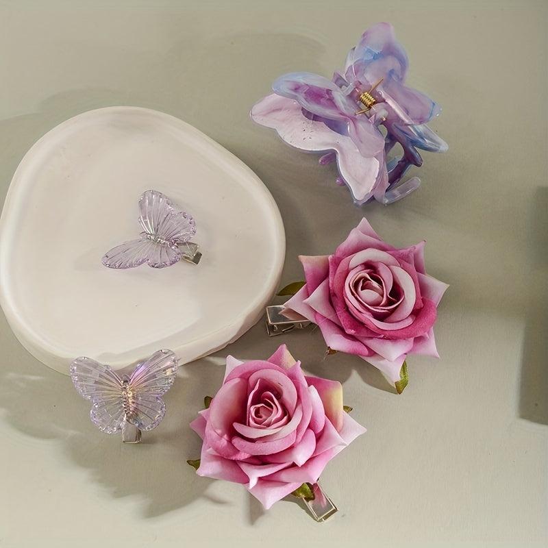 2pcs Butterfly Rose Flower Hair Clip Hair Barrette Hair Slides Clip Corsage Broo