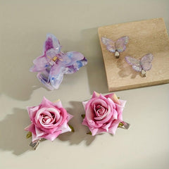 2pcs Butterfly Rose Flower Hair Clip Hair Barrette Hair Slides Clip Corsage Broo