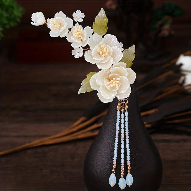 Chinese Style Flower Hair Clip With Beaded Tassel