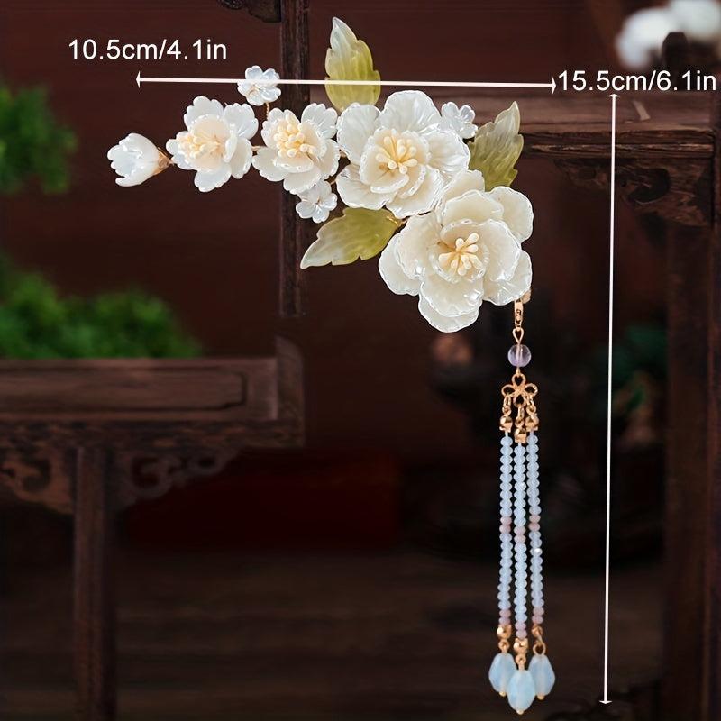 Chinese Style Flower Hair Clip With Beaded Tassel