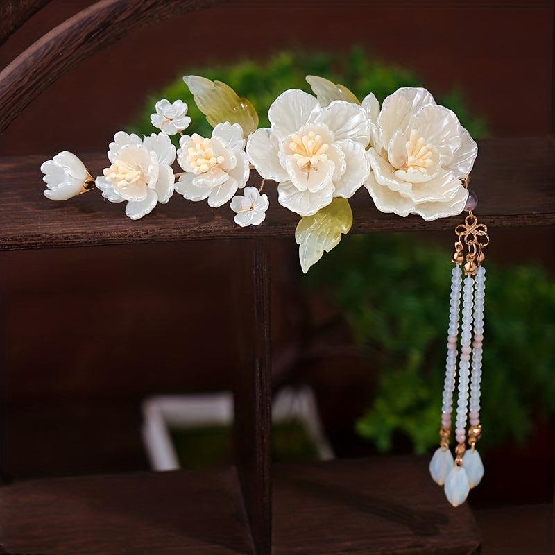 Chinese Style Flower Hair Clip With Beaded Tassel