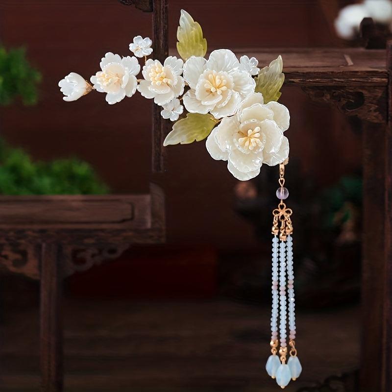 Chinese Style Flower Hair Clip With Beaded Tassel