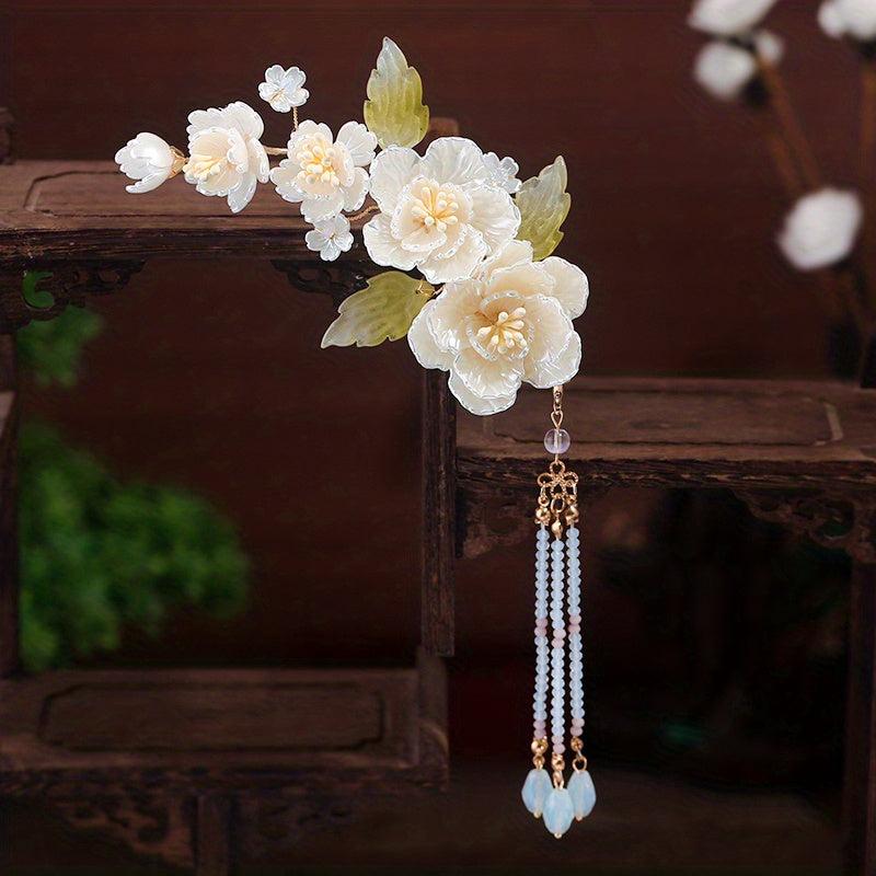 Chinese Style Flower Hair Clip With Beaded Tassel