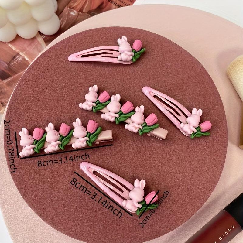 2pcs Rabbit Flower Hair Clip Snap Barrette Summer Hair Slides Clip