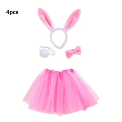 4pcs Cartoon Plush Dress Up Rabbit Ears Headband Mesh Skirt Bowknot Plush Ball