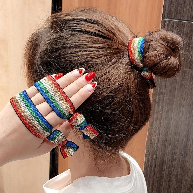 2PCS Rainbow Leather HairBand Hair Tie Bracelet Set