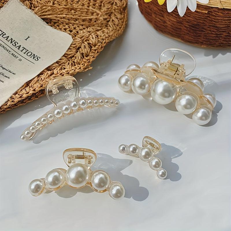 4pcs Faux Pearl Hair Claw Clip Strong Hold Ponytail Banana Clip