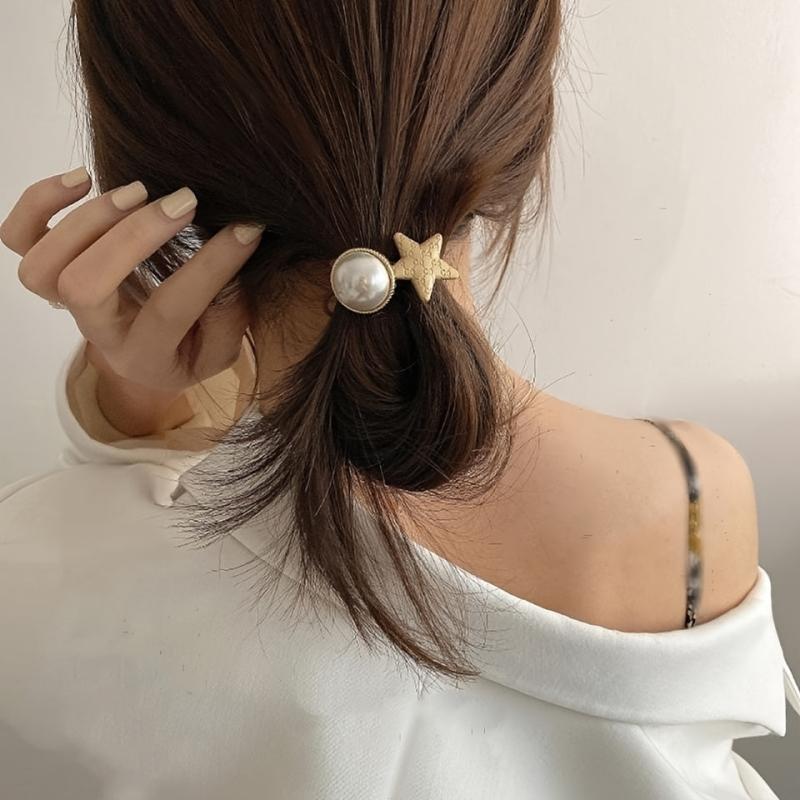 2pcs Faux Pearl Vintage Hair Elastics Ties Stretchy Rubber Bands Ponytail Holder