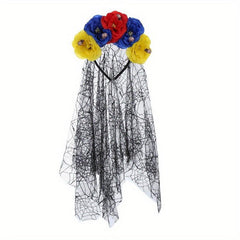 Peony Flower Mesh Hair Band With Veil Ghost Bride Hair Accessories