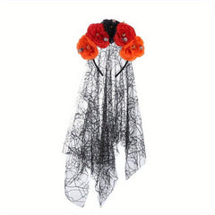 Peony Flower Mesh Hair Band With Veil Ghost Bride Hair Accessories