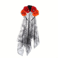 Peony Flower Mesh Hair Band With Veil Ghost Bride Hair Accessories