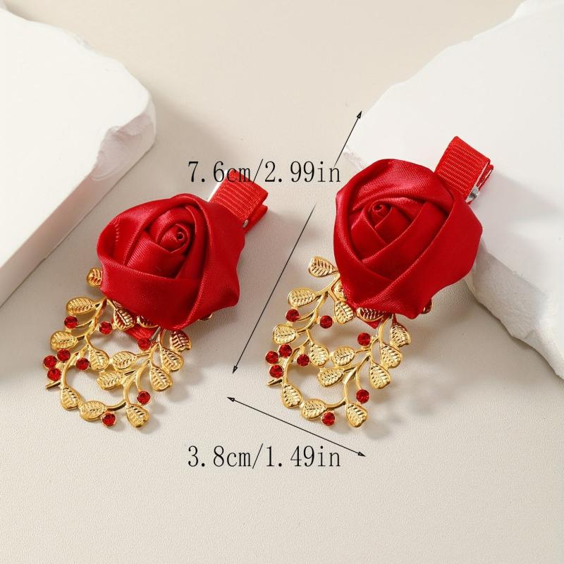 2pcs Rose & Rhinestone Decor Hair Clip Barrette Headwear