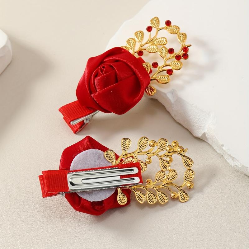 2pcs Rose & Rhinestone Decor Hair Clip Barrette Headwear