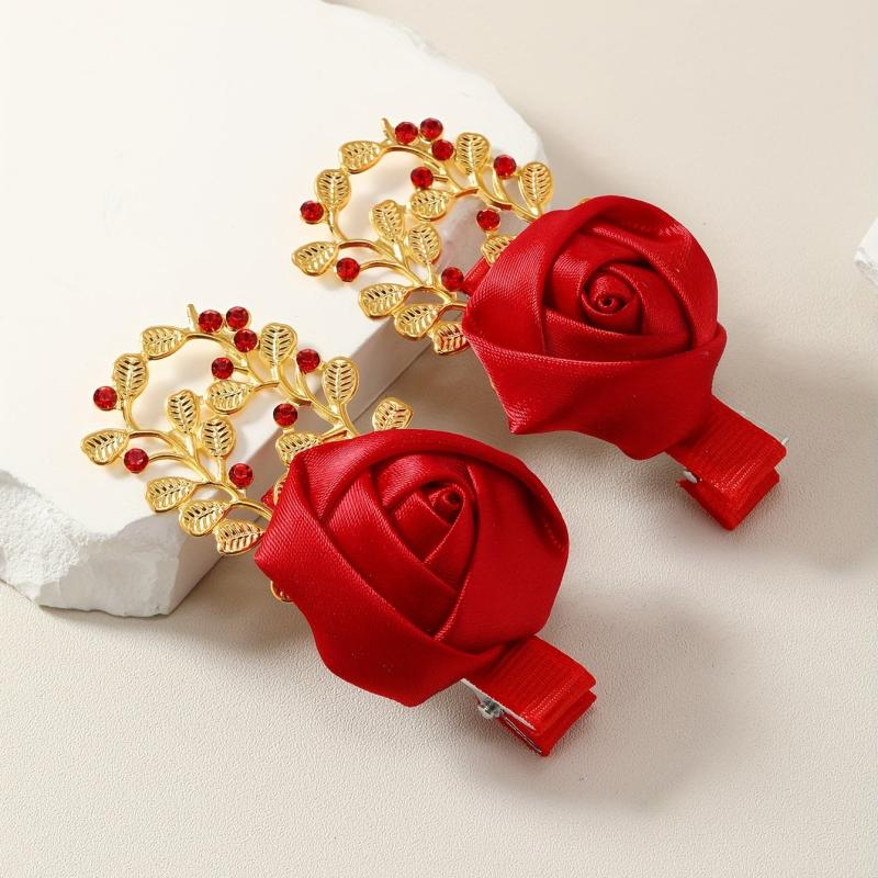 2pcs Rose & Rhinestone Decor Hair Clip Barrette Headwear